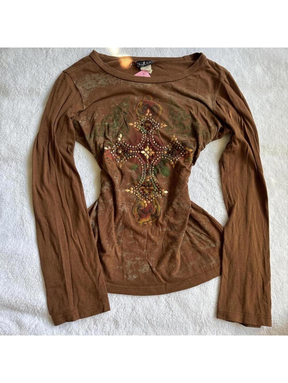 Y2K grunge Brown Long Sleeve Graphic Cross Rhinestone Studded Top